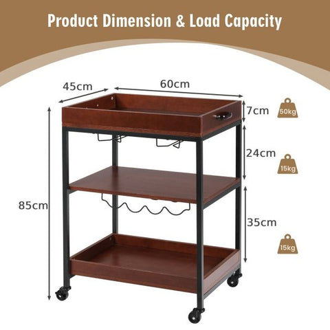 Simple Industrial Style Movable Island Cart with 3 Storage Tiers
