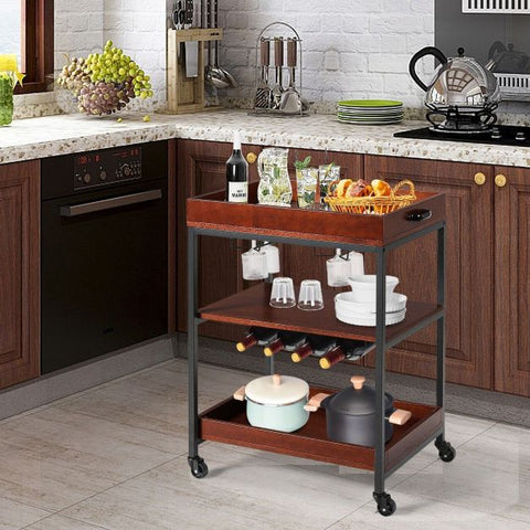 Simple Industrial Style Movable Island Cart with 3 Storage Tiers
