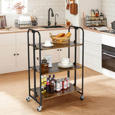 Compact and Simple Rustic 3 Tier Storage Cart with Metal Frame