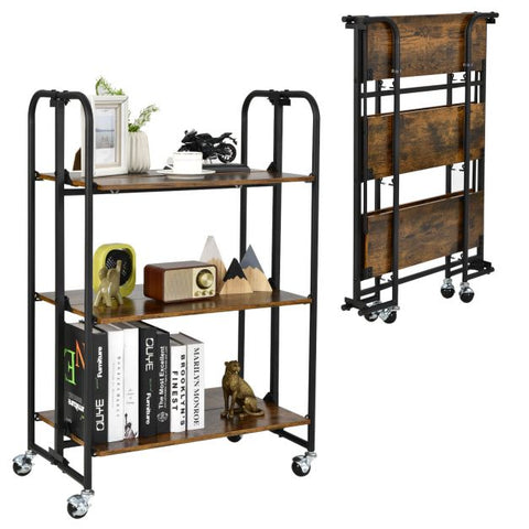 Compact and Simple Rustic 3 Tier Storage Cart with Metal Frame
