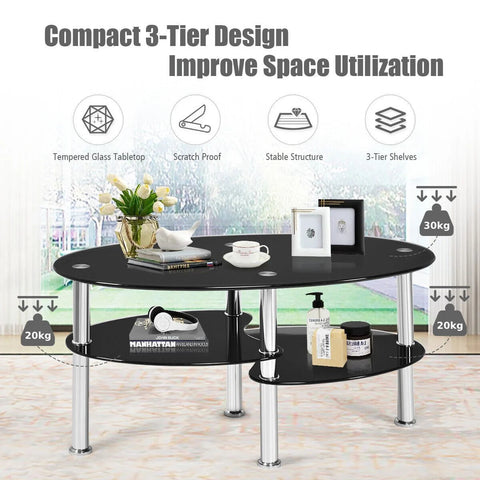Stylish 3 Tier Coffee Table with Tempered Glass Top and Ample Storage