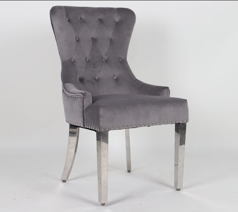 Luxurious Velvet Dining Chair with Chrome Ring Knocker and Studded Design