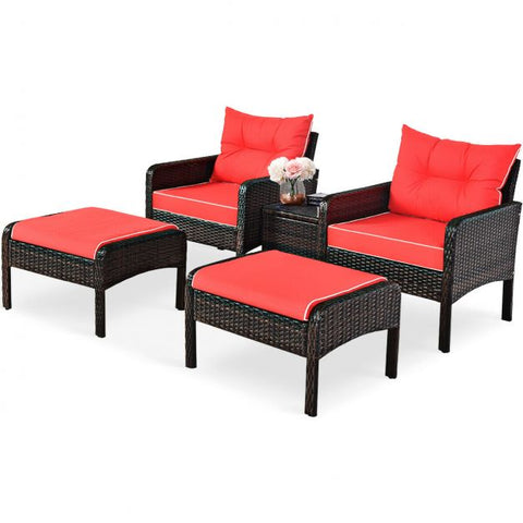 Outdoor Wicker Lounge Set with Coffee Table and Cushions In Red