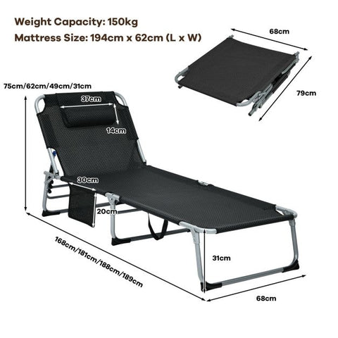 Practical Sun Lounger with Fully Adjustable Recline and Removable Pillow