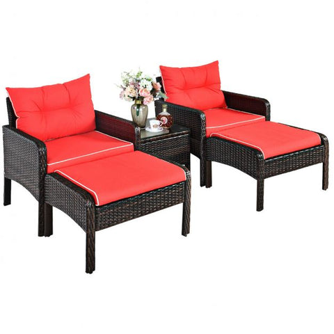 Outdoor Wicker Lounge Set with Coffee Table and Cushions In Red