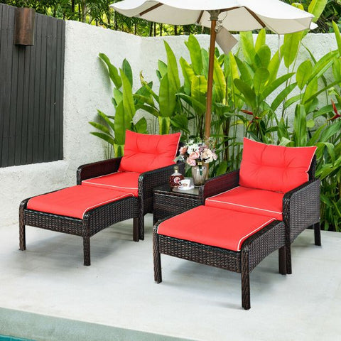 Outdoor Wicker Lounge Set with Coffee Table and Cushions In Red