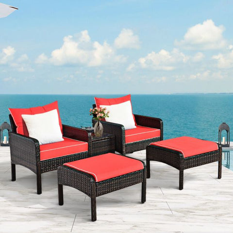 Outdoor Wicker Lounge Set with Coffee Table and Cushions In Red