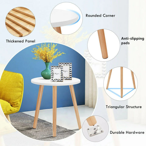 Lightweight and Minimalistic Round Side Table with Sturdy Wooden Legs in White