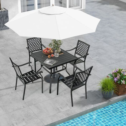 Fairway Metal Patio Dining Table Set with Parasols Hole in Black