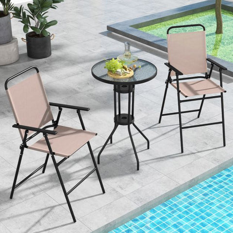 Outdoor Foldable Bar Table and Chairs Set with Parasols Hole in Beige