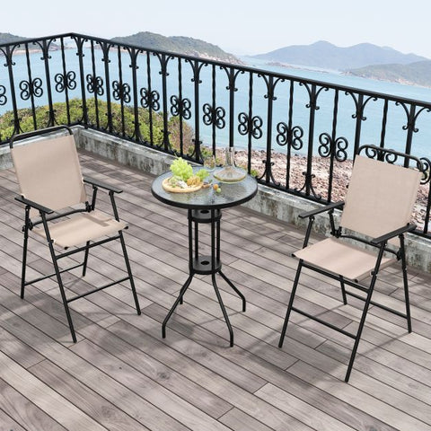Outdoor Foldable Bar Table and Chairs Set with Parasols Hole in Beige