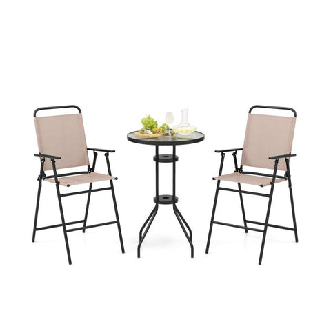Outdoor Foldable Bar Table and Chairs Set with Parasols Hole in Beige