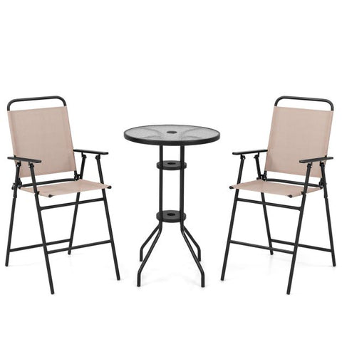 Outdoor Foldable Bar Table and Chairs Set with Parasols Hole in Beige