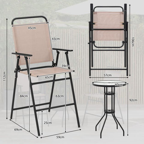 Outdoor Foldable Bar Table and Chairs Set with Parasols Hole in Beige