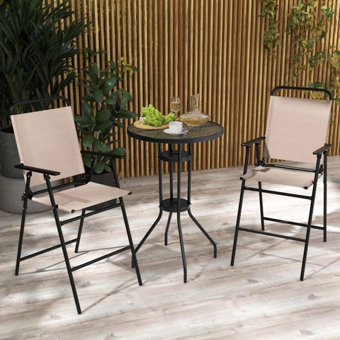 Outdoor Foldable Bar Table and Chairs Set with Parasols Hole in Beige