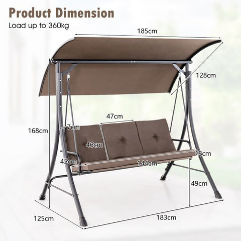 Durable Porch Swing with Weatherproof Material and Adjustable Canopy in Brown