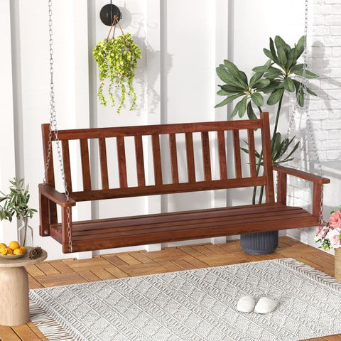 Outdoor Natural Wood 3 Person Porch Swing with Adjustable Chains