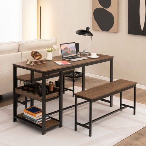 Space Saving Dining Set with 1 Table, 2 Benches, Glass Holder, Wine Rack and Shelve