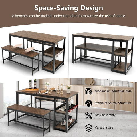 Space Saving Dining Set with 1 Table, 2 Benches, Glass Holder, Wine Rack and Shelve