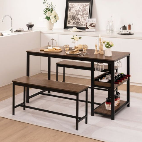 Space Saving Dining Set with 1 Table, 2 Benches, Glass Holder, Wine Rack and Shelve