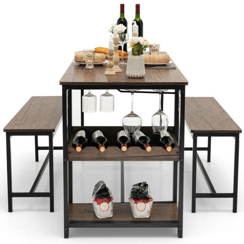 Space Saving Dining Set with 1 Table, 2 Benches, Glass Holder, Wine Rack and Shelve