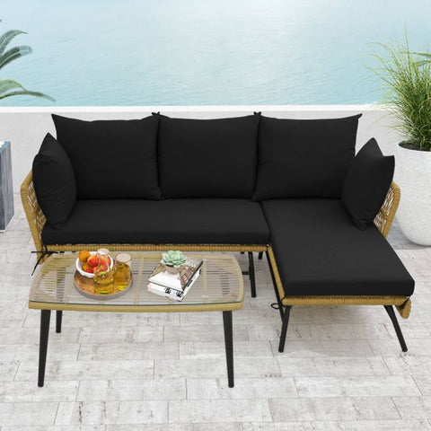 Garden Conversation Set with L-Shaped layout and cushions in Black