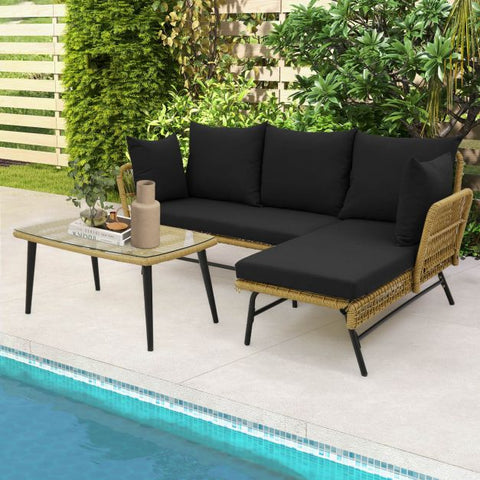 Garden Conversation Set with L-Shaped layout and cushions in Black
