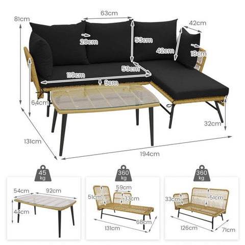 Garden Conversation Set with L-Shaped layout and cushions in Black