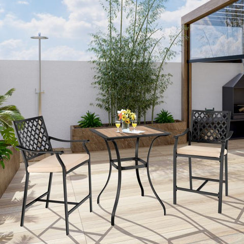 Outdoor Bar Table and Stools Set with cushions and Steel Frame in Black