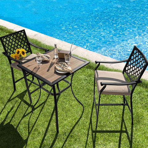 Outdoor Bar Table and Stools Set with cushions and Steel Frame in Black