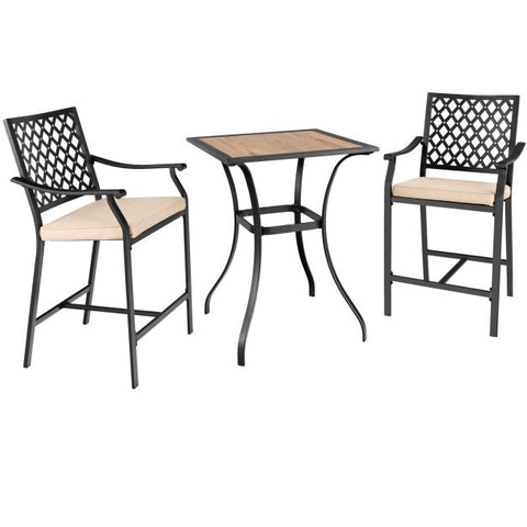 Outdoor Bar Table and Stools Set with cushions and Steel Frame in Black