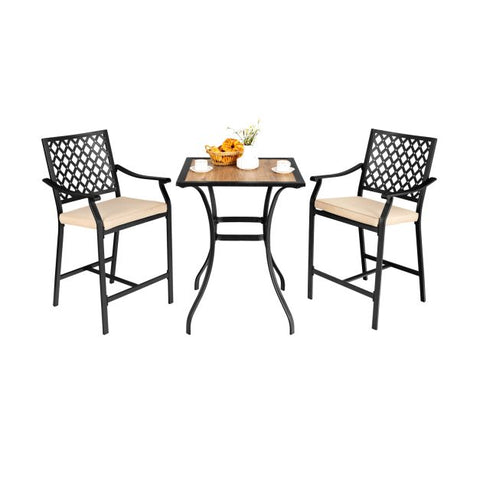 Outdoor Bar Table and Stools Set with cushions and Steel Frame in Black