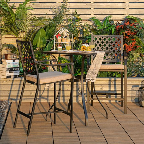 Outdoor Bar Table and Stools Set with cushions and Steel Frame in Black