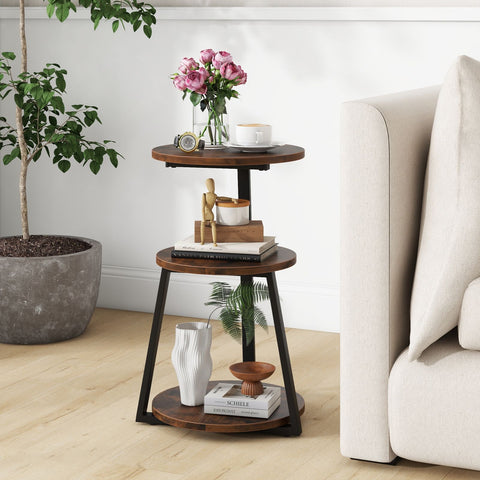 Versatile Industrial Style 3 Tier Round Side Table with Storage Shelves
