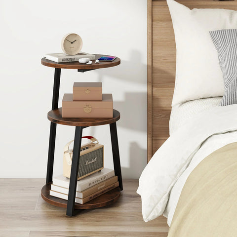 Versatile Industrial Style 3 Tier Round Side Table with Storage Shelves