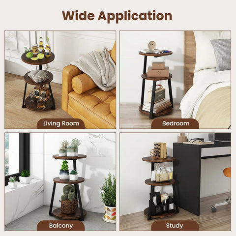 Versatile Industrial Style 3 Tier Round Side Table with Storage Shelves