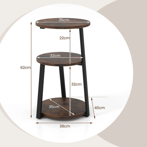 Versatile Industrial Style 3 Tier Round Side Table with Storage Shelves