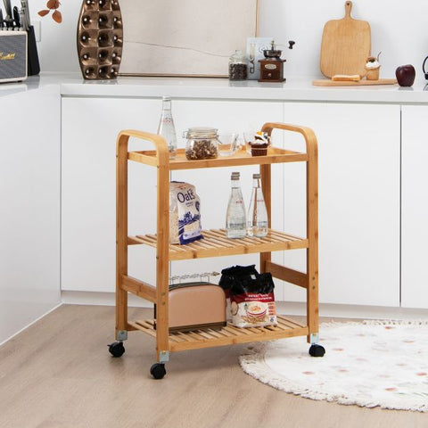 3-Tier Bamboo Rolling Storage Cart with Locking Casters-Natural