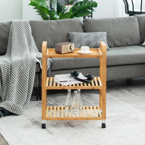 3-Tier Bamboo Rolling Storage Cart with Locking Casters-Natural