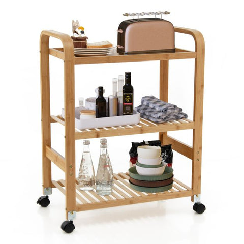 3-Tier Bamboo Rolling Storage Cart with Locking Casters-Natural