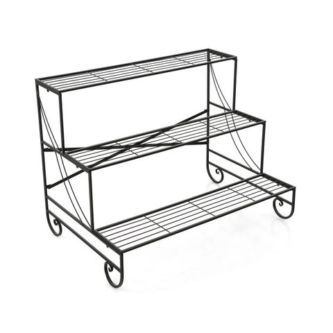 Garden 3 Tier Ladder Plant Stand with Metal Frame and Grid Shelf in Black