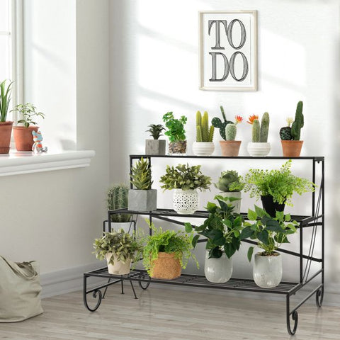 Garden 3 Tier Ladder Plant Stand with Metal Frame and Grid Shelf in Black