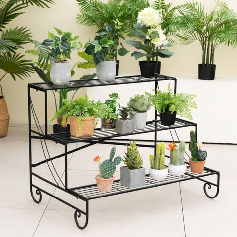 Garden 3 Tier Ladder Plant Stand with Metal Frame and Grid Shelf in Black