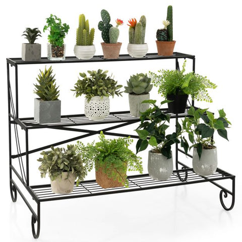 Garden 3 Tier Ladder Plant Stand with Metal Frame and Grid Shelf in Black