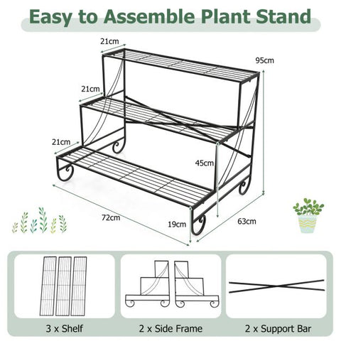 Garden 3 Tier Ladder Plant Stand with Metal Frame and Grid Shelf in Black
