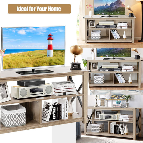 Rustic TV Stand with X-Shaped Frame and Spacious Open Design for Ample Storage