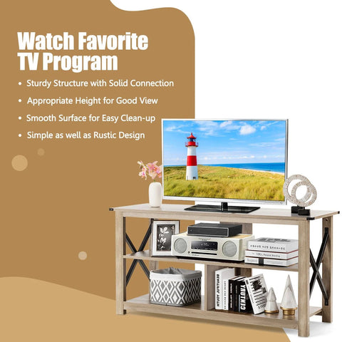 Rustic TV Stand with X-Shaped Frame and Spacious Open Design for Ample Storage
