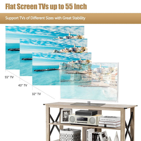 Rustic TV Stand with X-Shaped Frame and Spacious Open Design for Ample Storage