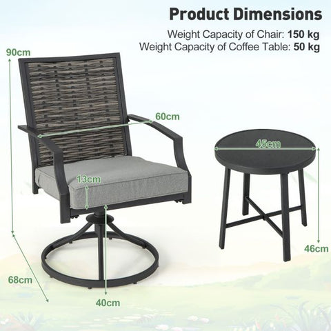 Outdoor Chair and Table Set with Swivel Function and Soft Cushions in Grey