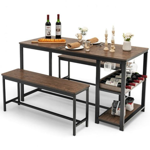 Space Saving Dining Set with 1 Table, 2 Benches, Glass Holder, Wine Rack and Shelve